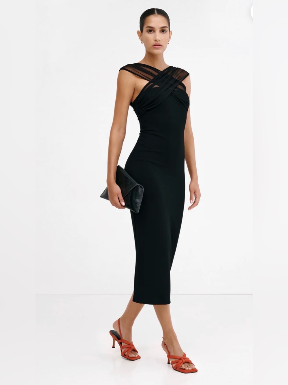 New $148 Marcella Waldorf Mesh Cross Neck Midi Dress Black Large